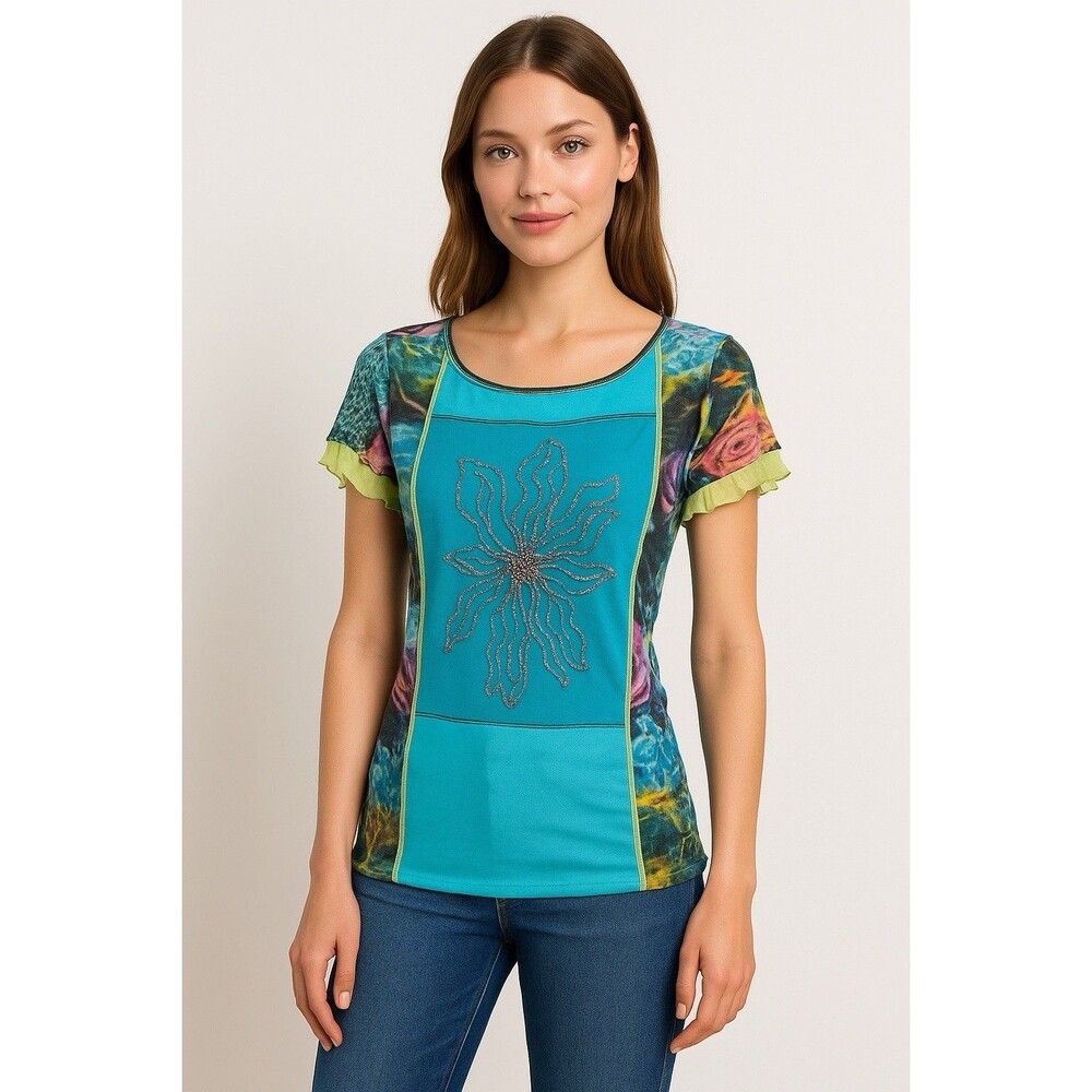 Artistic Floral Beaded Mesh Top Italy Vibrant Abstract Print Short Sleeve Sz 3 M